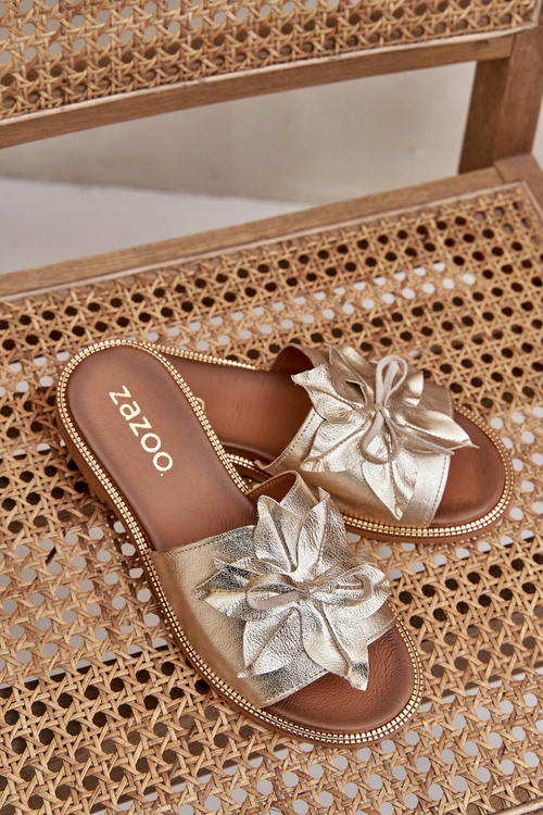 Klapki Skóra Naturalna Ozdoba Złote Zazoo 3667