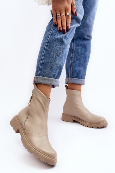 Women's Leather Flat Heel Ankle Boots Laura Messi 2620/199 Beige