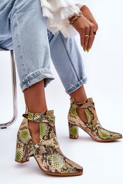 Trendy Heeled Boots with Cutouts Beige-Green Suelo