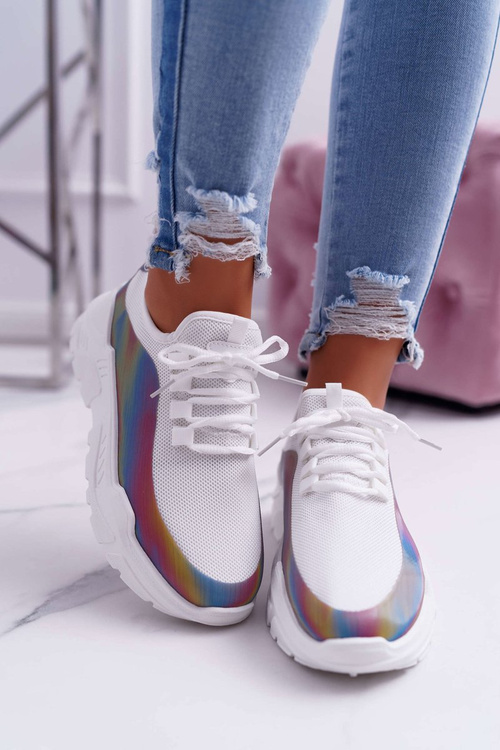 Sportowe Damskie Buty Gruba Podeszwa Holograficzne Białe Party Up