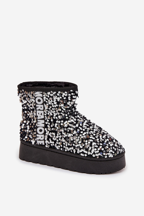 Women's Snow Boots on Platform Decorated with Sequins Black Silver Silmo