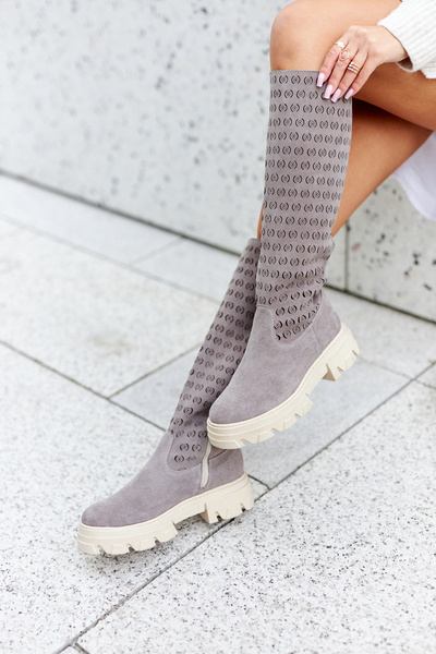 Openwork Suede High Boots Light Brown Eldime