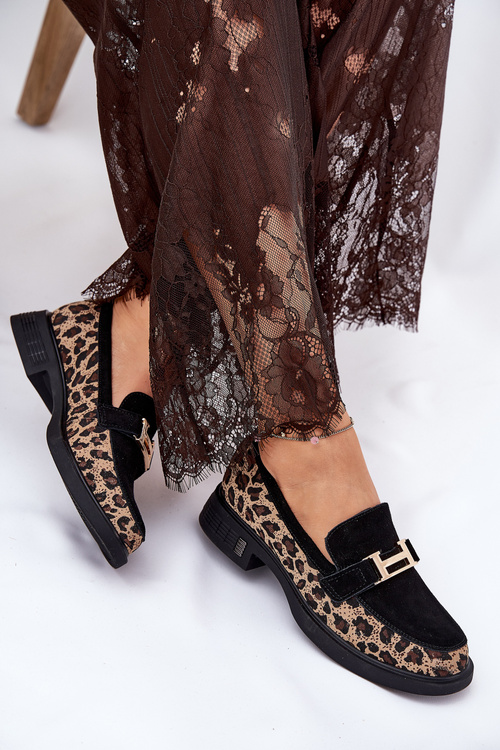 Mokasyny Damskie Zamszowe Panterka Czarne Vinceza 66791