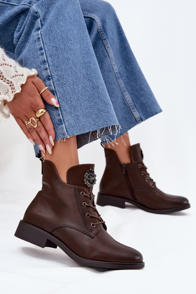 Low Women's Ankle Boots On Flat Heel With Decorative Detail Lined Brown Cylira