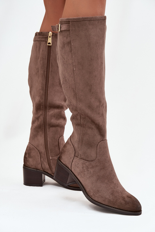 Knee-high eco suede boots on a heel Vinceza 58332 dark beige