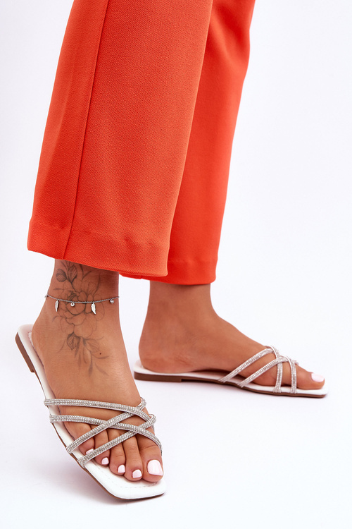 Women's Sandals with Stripes and Rhinestones White Leomi