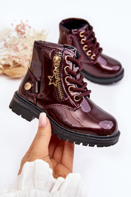 Burgundy Patent Leather Zip-Up Ankle Boots Felori