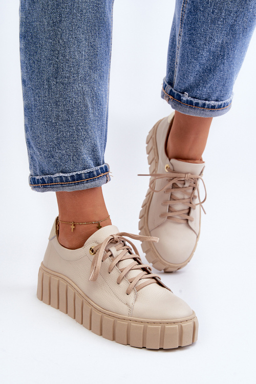 Półbuty Skórzane Damskie Gruba Podeszwa Beżowe Zazoo 2919