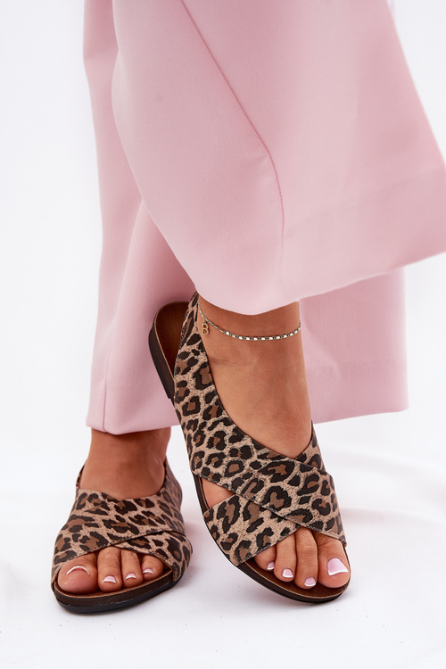 Ladies leather sandals leopard brown Zazoo 40407