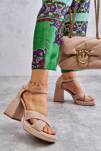 Sandały Damskie Zamsz Obcas Beżowe Lewski Shoes 3221