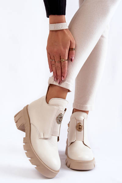Women's Leather Boots With Decoration Light beige Maley