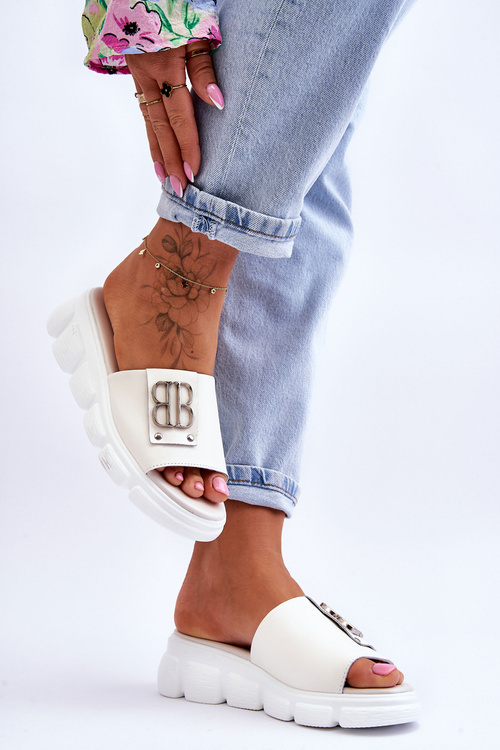 Women's Leather Platform Slippers With Decoration Beige Monroe