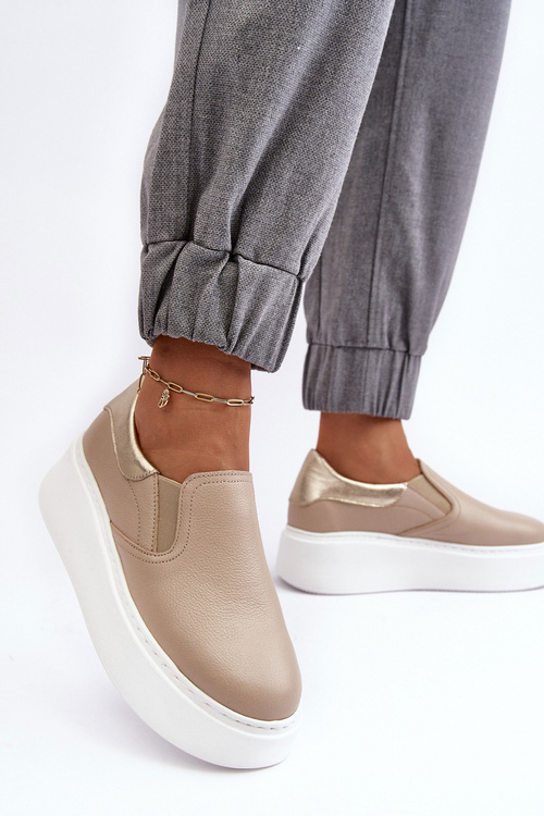 Buty Sportowe Damskie Skóra Platforma Beżowe Lemar Manish 10151