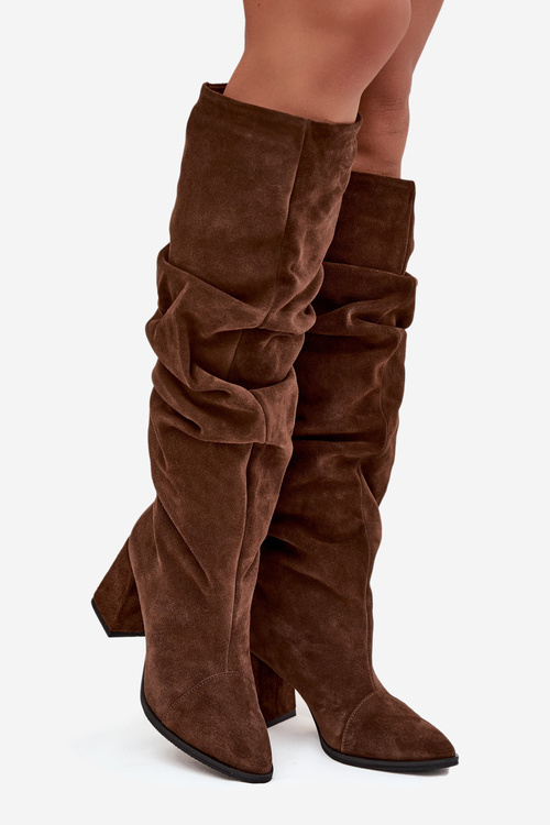 Wrinkled Boots Made From Genuine Suede On Heel Heated Zazoo 4228 Brown
