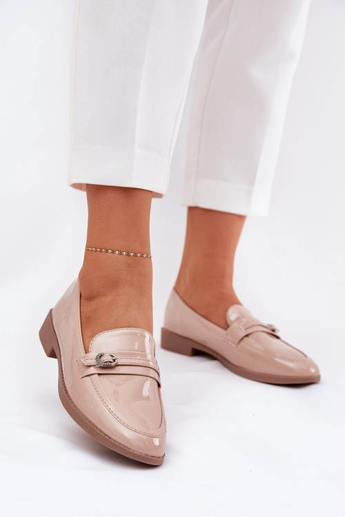 Mokasyny Damskie Lakierowana Ozdobna Sprzączka Beżowe Mollan