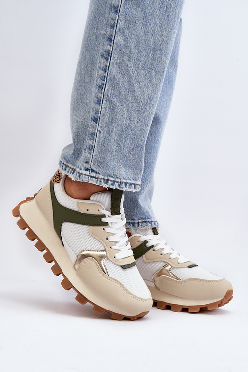Buty Sportowe Sneakersy Damskie Beżowo-Zielone Ralita C2145