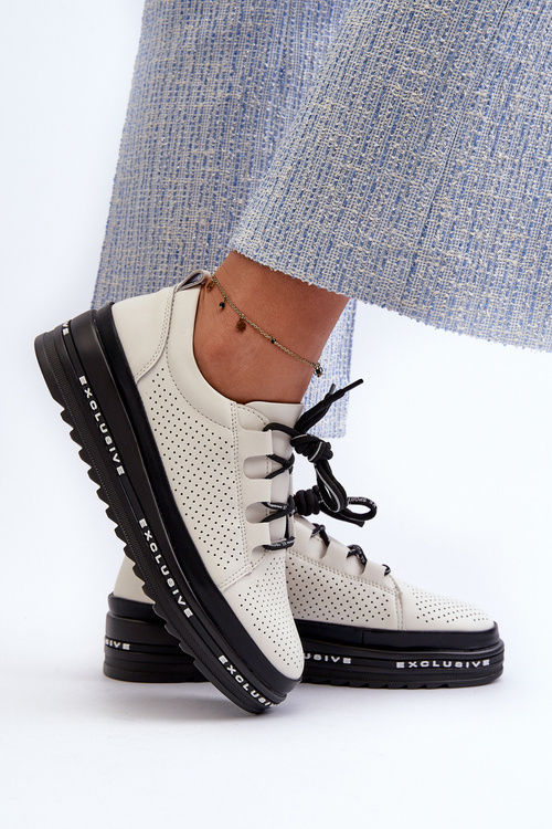 Półbuty Skórzane Na Platformie Damskie Beżowe S.Barski LR769A