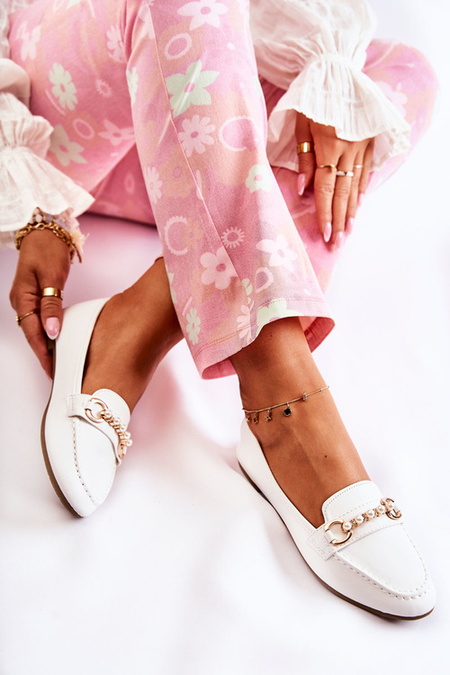 Women's Leather Loafers With Decorative Pearls White Sergia