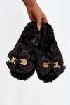 Fur Ladies Slippers With Bow And Golden Decoration Black Nolara