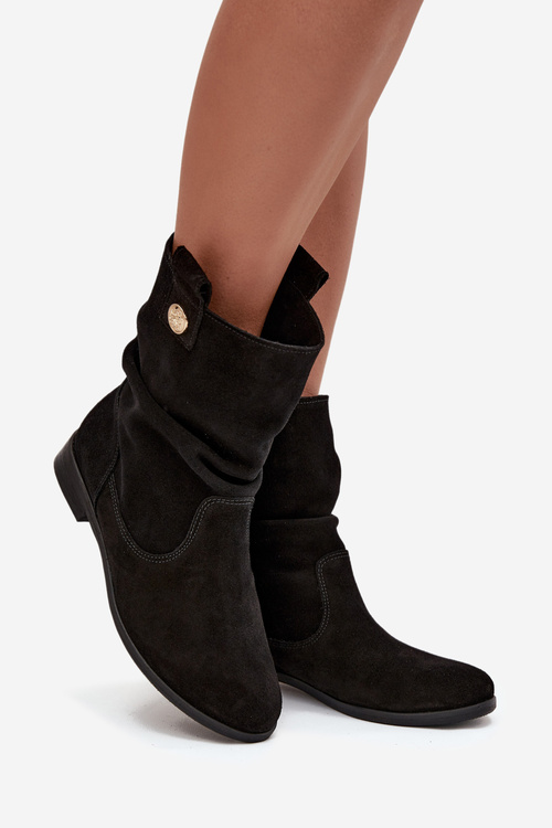 Leather Suede Women's Ankle Boots with Gathering Insulated Zazoo 4210 Black