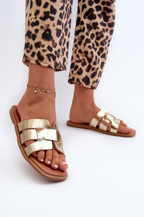 Klapki Damskie Płaskie Eko Skórzane Złote Risamay