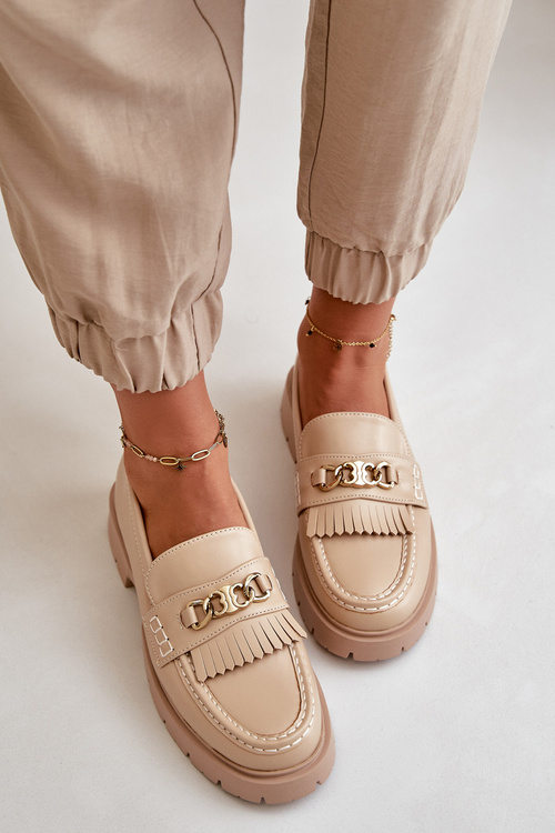 Eco Leather Women's Moccasins with Golden Decoration Beige Zanita
