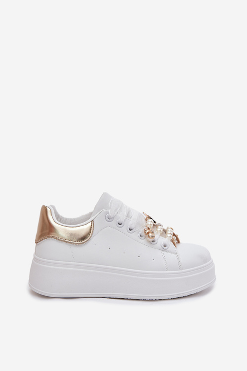 Women's Platform Sneakers With Ribbons White-Gold Ocerdia