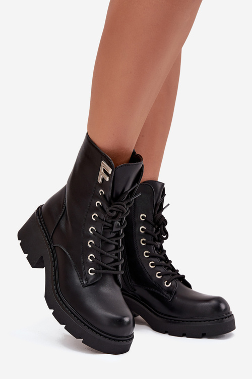 Women's Workery Boots Block Heel Insulated With Letter F Black Lurina