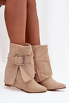 Botki Z Wywiniętą Cholewką Na Koturnie Eko Zamsz Klamra Beżowe Vortinia