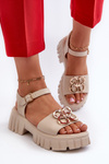 Women's Leather Sandals with Gold Decoration Beige Vinceza 7910