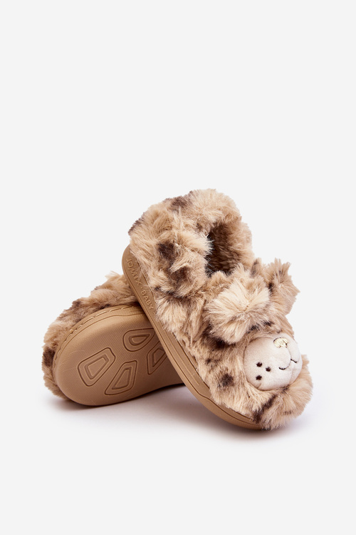 Beige Children's Fur Slippers with Bear Apolanie