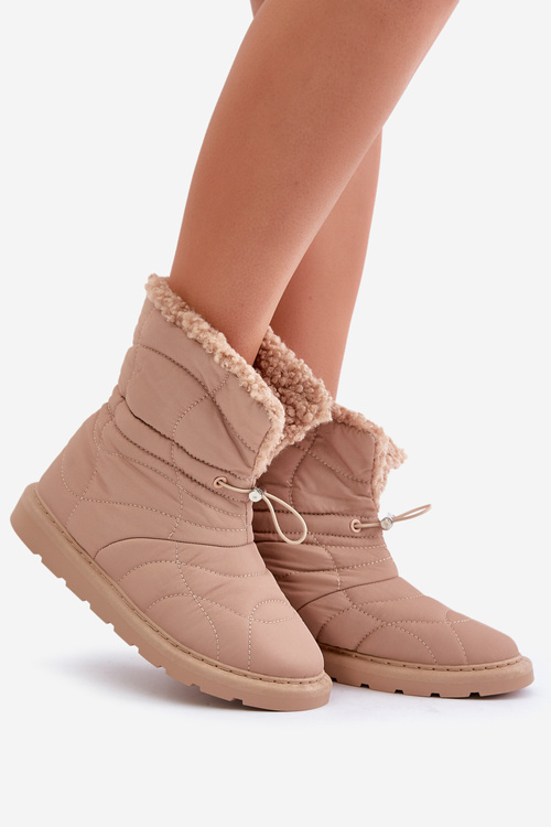 Women's Snow Boots With Drawstring Lined With Sheepskin Beige Vamidra