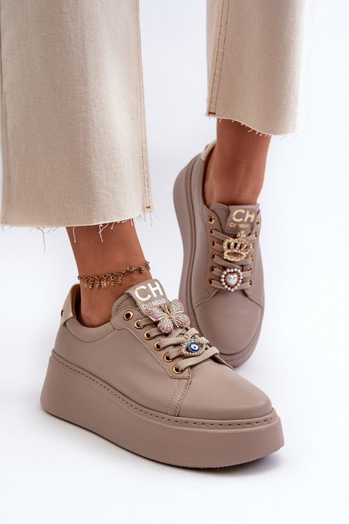 Buty Sportowe Damskie Skóra Ozdoby Beżowe CheBello 4292