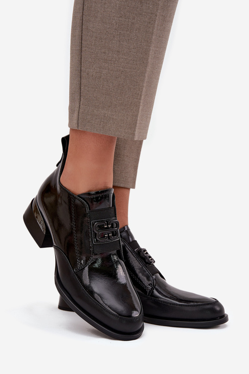 Damskie Półbuty Lakierowane Skóra Niski Obcas Ozdoba Czarne Vinceza 91161