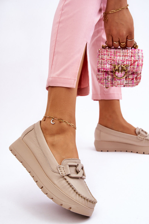 Zazoo 10141 Leather Platform Loafers with Decoration Beige