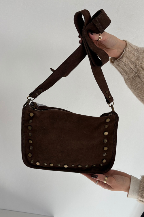 Leather Suede Bag Decorated with Rhinestones Chocolate Savra