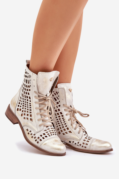 Zazoo 2627 Ażurowe Skórzane Botki Złoty Przecierany