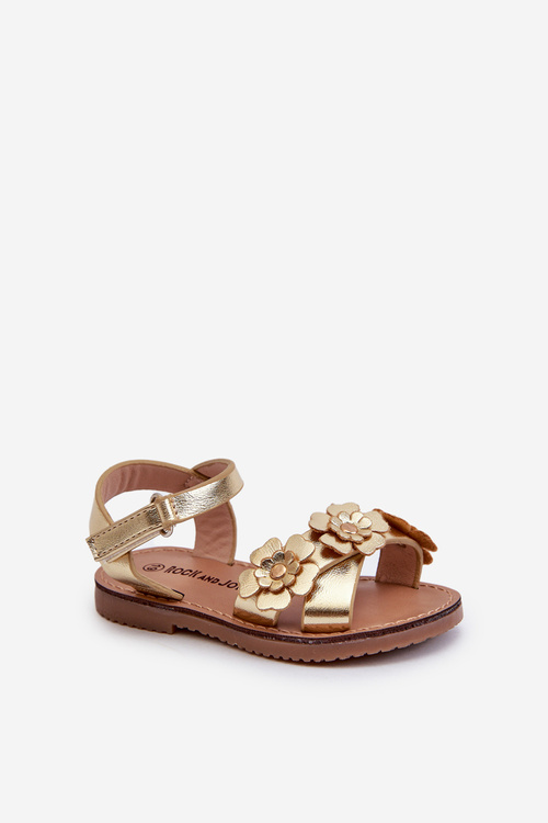 Children's sandals adorned with flowers, fastened with velcro, golden Fagossa