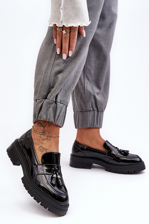 Loafers With Fringes Lacquered Shoes Black Velenase
