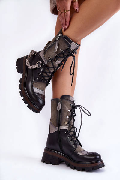 Leather High Boots Workers Maciejka 05586-01 Black and Grey