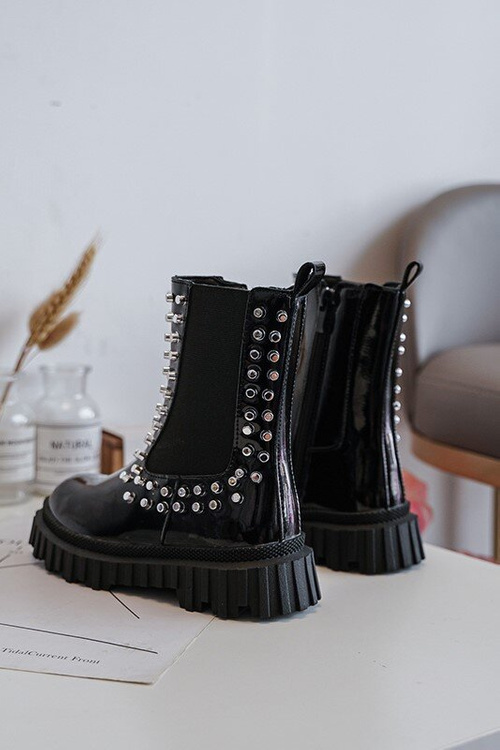 Girls' Shiny Ankle Boots Decorated with Rhinestones Black Adelie