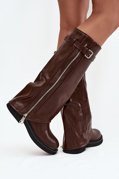 Women's Boots with Turned-up Shaft Buckle and Silver Zipper Insulated Brown Bressa