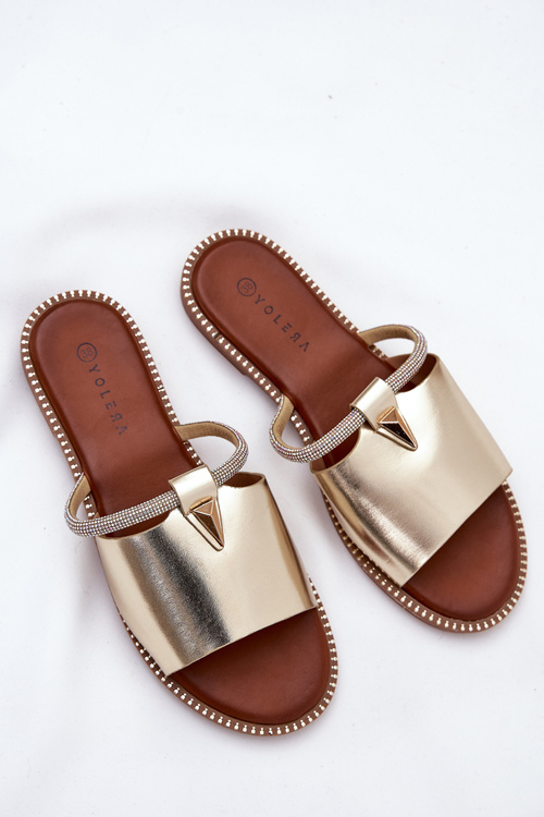 Eco Leather Slippers On Flat Heel With Decorative Strap Golden Hirtewi