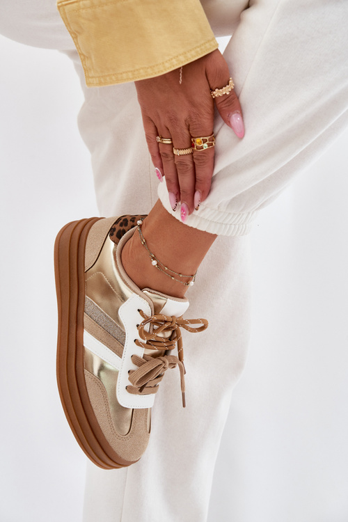 Womens Platform Sneakers With Double Lacing Leopard Gold Studs