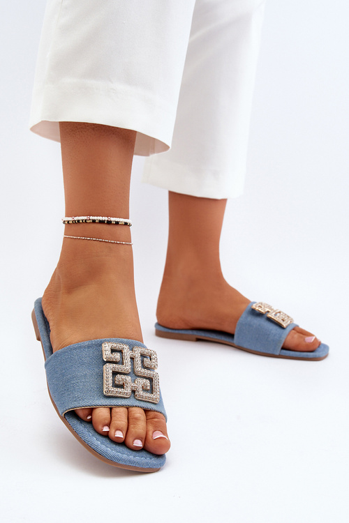 Klapki Jeansowe Damskie Plaski Obcas Ozdoba Niebieskie Inaile SS-243