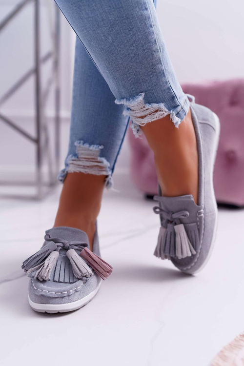 Women's Leather Suede Fringed Moccasins Grey Batist