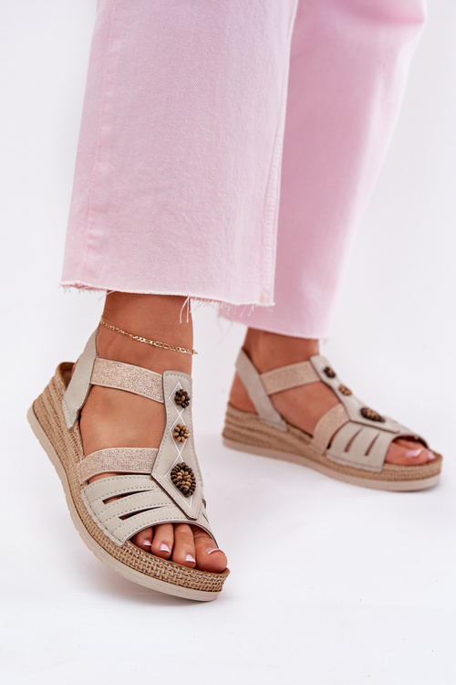 Damskie Sandały Koturn Ozdoby Jasnobeżowe Inblu RV000015