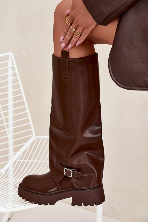 Damskie Kozaki Ocieplane Wywinięta cholewka Pasek Z Klamrą Czekoladowe Fiorae