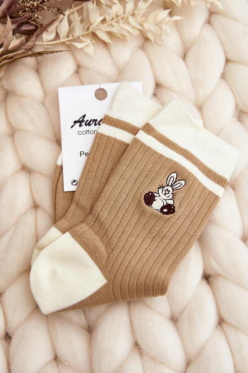 Women's Socks with Stripes and Bunny Beige