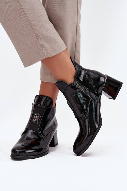 Leather Lacquered Block Heel Boots with Decorative Detail Insulated Zazoo 60560 Black